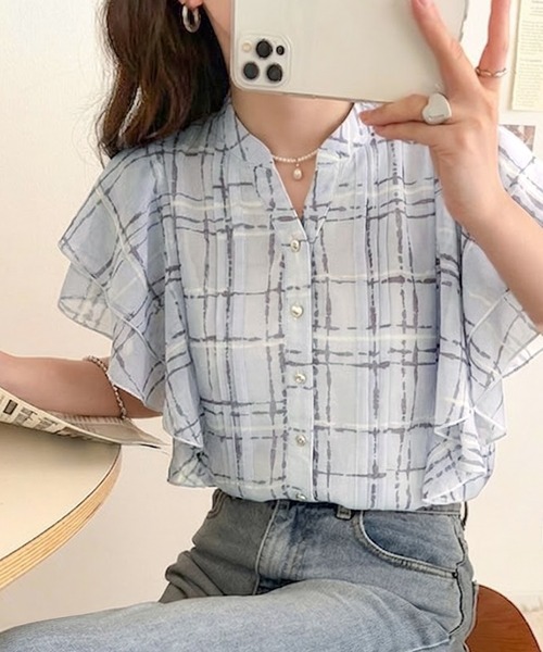 mily bilet(ミウィビレット)の「【mily bilet】大人のスパイスをこの1枚で。チェック柄フリルシアーブラウス(シャツ/ブラウス・レディース・ブラック/アイボリー/ブルー・LARGE/MEDIUM/SMALL/X-LARGE)」の20枚目の写真