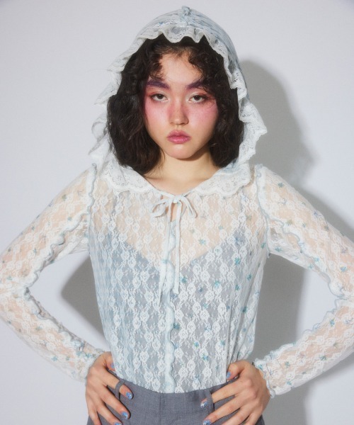 Candy Stripper(キャンディストリッパー)の「FLOWER CHECK LACE フーディー(Tシャツ/カットソー・レディース・ピンク/ブラック/ライトブルー・FREE)」の2枚目の写真