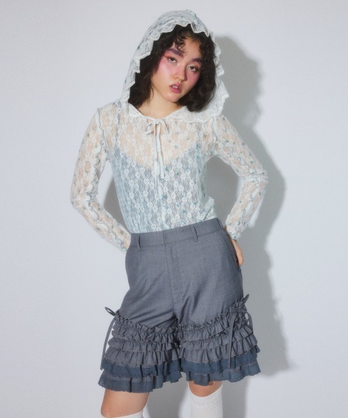 Candy Stripper(キャンディストリッパー)の「FLOWER CHECK LACE フーディー(Tシャツ/カットソー・レディース・ピンク/ブラック/ライトブルー・FREE)」の4枚目の写真