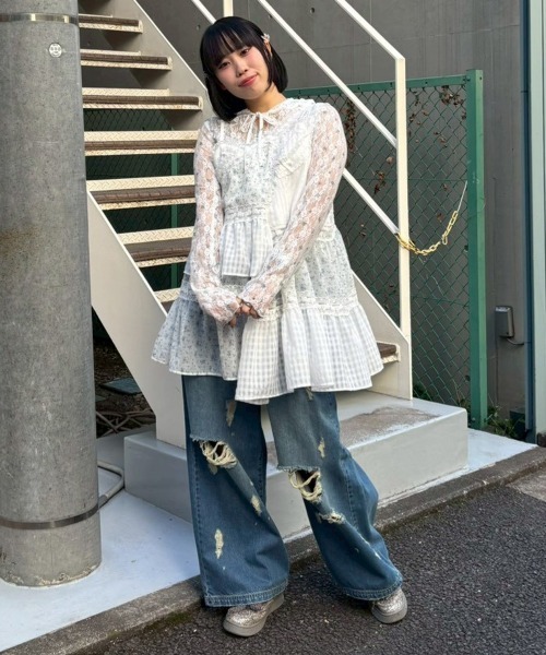 Candy Stripper(キャンディストリッパー)の「FLOWER CHECK LACE フーディー(Tシャツ/カットソー・レディース・ピンク/ブラック/ライトブルー・FREE)」の15枚目の写真