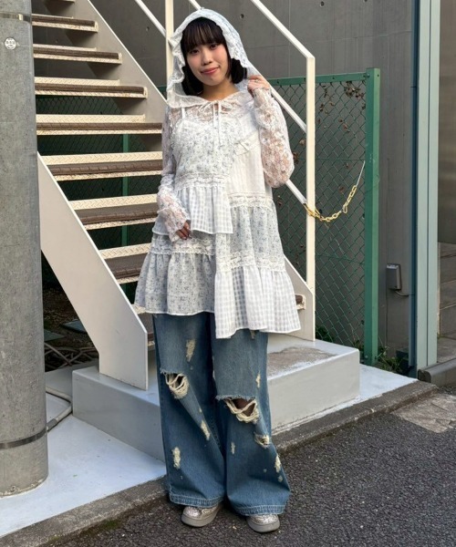 Candy Stripper(キャンディストリッパー)の「FLOWER CHECK LACE フーディー(Tシャツ/カットソー・レディース・ピンク/ブラック/ライトブルー・FREE)」の16枚目の写真