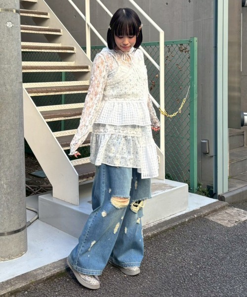 Candy Stripper(キャンディストリッパー)の「FLOWER CHECK LACE フーディー(Tシャツ/カットソー・レディース・ピンク/ブラック/ライトブルー・FREE)」の17枚目の写真