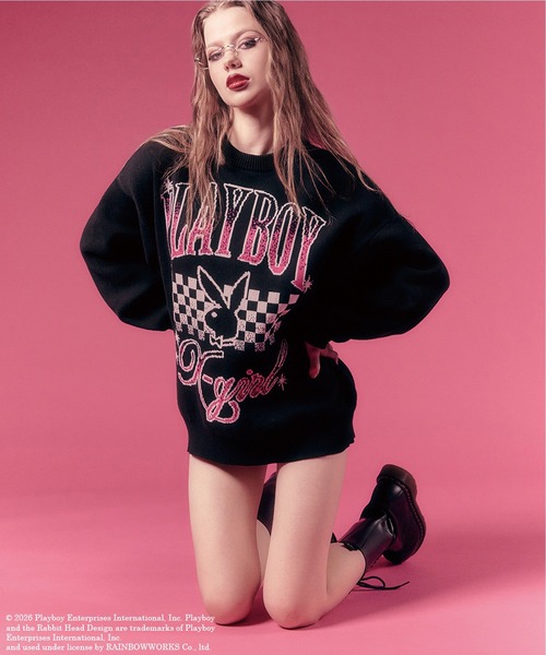 X-girl(エックスガール)の「PLAYBOY × X-girl JACQUARD KNIT TOP(ニット/セーター・レディース・ブラック/ピンク・ONE SIZE)」の2枚目の写真
