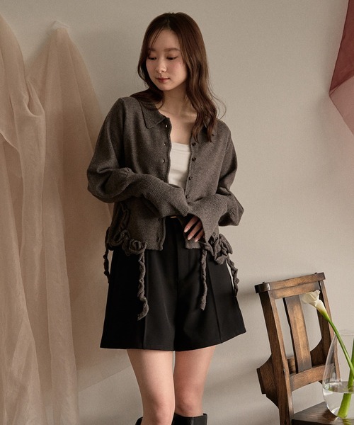 mideal(マイディール)の「raffle design loose knit shirt / ラッフルデザインルーズニットシャツ(カーディガン/ボレロ・レディース・スモークピンク/グレー/グリーン・FREE)」の1枚目の写真