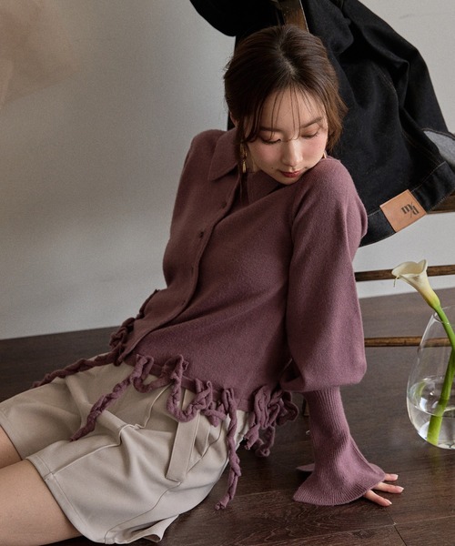 mideal(マイディール)の「raffle design loose knit shirt / ラッフルデザインルーズニットシャツ(カーディガン/ボレロ・レディース・スモークピンク/グレー/グリーン・FREE)」の21枚目の写真