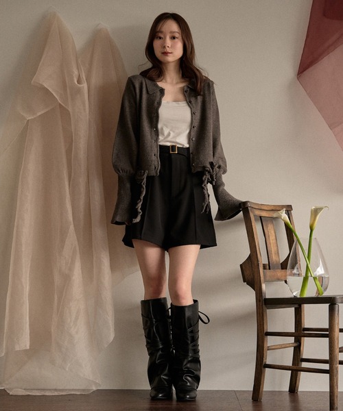 mideal(マイディール)の「raffle design loose knit shirt / ラッフルデザインルーズニットシャツ(カーディガン/ボレロ・レディース・スモークピンク/グレー/グリーン・FREE)」の5枚目の写真