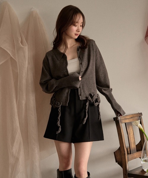 mideal(マイディール)の「raffle design loose knit shirt / ラッフルデザインルーズニットシャツ(カーディガン/ボレロ・レディース・スモークピンク/グレー/グリーン・FREE)」の4枚目の写真