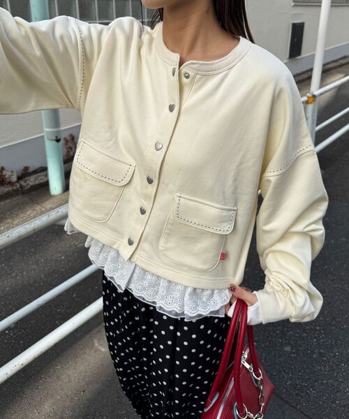 CIAOPANIC（チャオパニック）の「ハートボタン配色ステッチスウェットカーディガン（Tシャツ/カットソー・レディース・ネイビー/グレー/イエロー/アイボリー・ONE SIZE）」の21枚目の写真