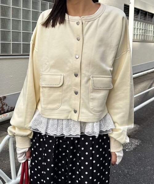 CIAOPANIC（チャオパニック）の「ハートボタン配色ステッチスウェットカーディガン（Tシャツ/カットソー・レディース・ネイビー/グレー/イエロー/アイボリー・ONE SIZE）」の22枚目の写真