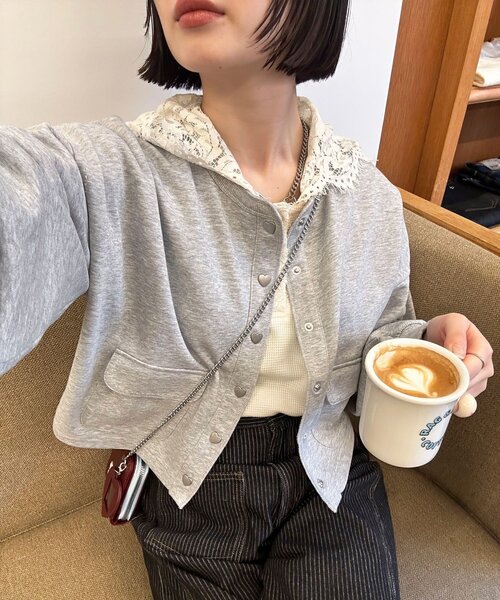 ハートボタン配色ステッチスウェットカーディガン（Tシャツ/カットソー