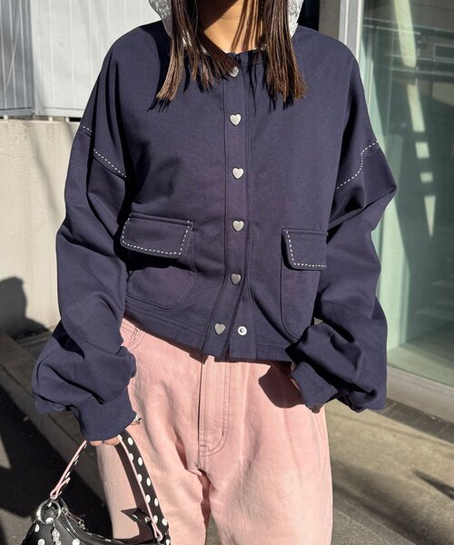 CIAOPANIC（チャオパニック）の「ハートボタン配色ステッチスウェットカーディガン（Tシャツ/カットソー・レディース・ネイビー/グレー/イエロー/アイボリー・ONE SIZE）」の7枚目の写真