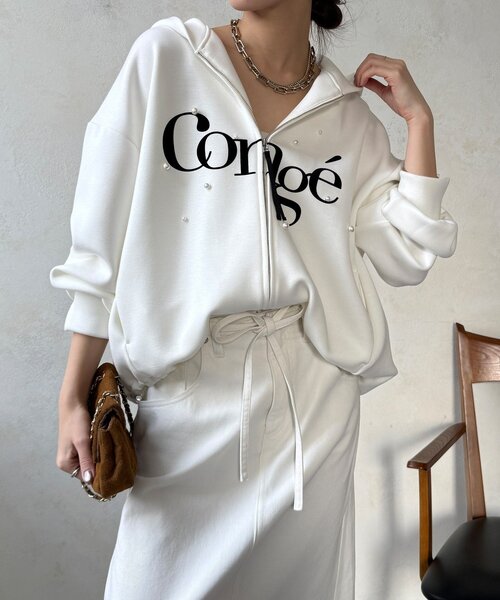 DouDou(ドゥドゥ)の「【WEB限定】パール+ロゴジップパーカー(Tシャツ/カットソー・レディース・チャコールグレー/グレー/オフホワイト・FREE)」の1枚目の写真