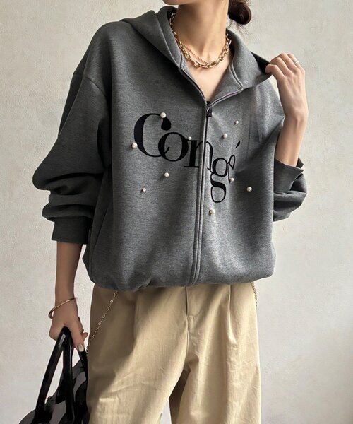DouDou(ドゥドゥ)の「【WEB限定】パール+ロゴジップパーカー(Tシャツ/カットソー・レディース・チャコールグレー/グレー/オフホワイト・FREE)」の10枚目の写真