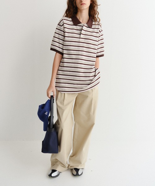 DUNST（ダンスト）の「【DUNST】UNISEX STRIPED POLO SHIRT/ ボーダー 襟付き ポロシャツ（ポロシャツ・レディース・ブラウン/ライトイエロー・S）」の11枚目の写真