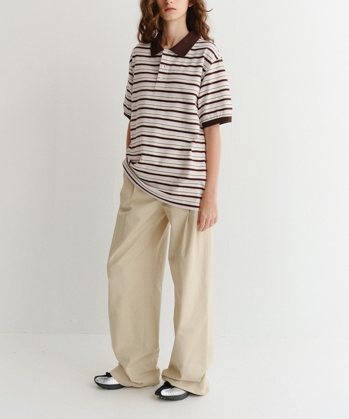 DUNST（ダンスト）の「【DUNST】UNISEX STRIPED POLO SHIRT/ ボーダー 襟付き ポロシャツ（ポロシャツ・レディース・ブラウン/ライトイエロー・S）」の12枚目の写真