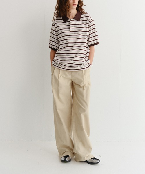 DUNST（ダンスト）の「【DUNST】UNISEX STRIPED POLO SHIRT/ ボーダー 襟付き ポロシャツ（ポロシャツ・レディース・ブラウン/ライトイエロー・S）」の14枚目の写真