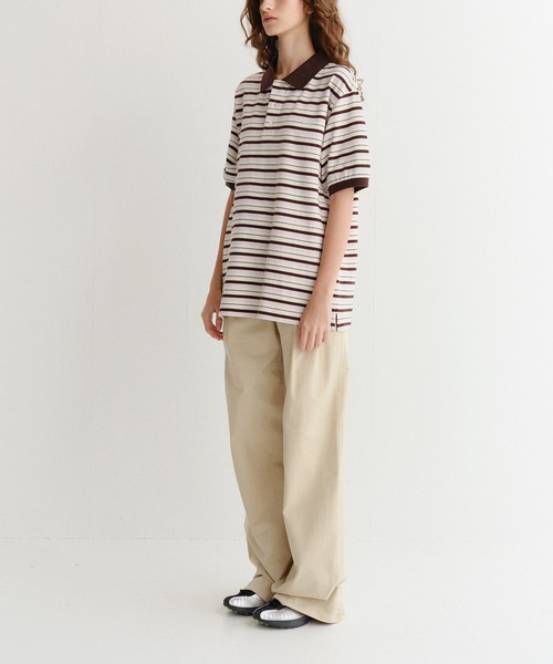 DUNST（ダンスト）の「【DUNST】UNISEX STRIPED POLO SHIRT/ ボーダー 襟付き ポロシャツ（ポロシャツ・レディース・ブラウン/ライトイエロー・S）」の15枚目の写真