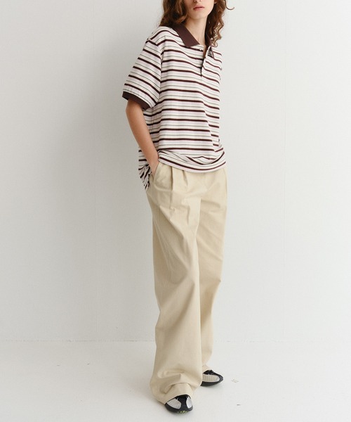 DUNST（ダンスト）の「【DUNST】UNISEX STRIPED POLO SHIRT/ ボーダー 襟付き ポロシャツ（ポロシャツ・レディース・ブラウン/ライトイエロー・S）」の16枚目の写真