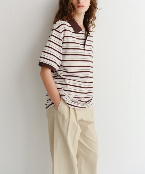 DUNST（ダンスト）の「【DUNST】UNISEX STRIPED POLO SHIRT/ ボーダー 襟付き ポロシャツ（ポロシャツ・レディース・ブラウン/ライトイエロー・S）」の10枚目の写真