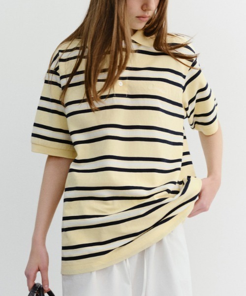 DUNST（ダンスト）の「【DUNST】UNISEX STRIPED POLO SHIRT/ ボーダー 襟付き ポロシャツ（ポロシャツ・レディース・ブラウン/ライトイエロー・S）」の5枚目の写真