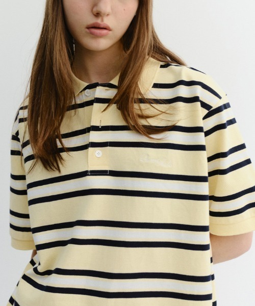 DUNST（ダンスト）の「【DUNST】UNISEX STRIPED POLO SHIRT/ ボーダー 襟付き ポロシャツ（ポロシャツ・レディース・ブラウン/ライトイエロー・S）」の6枚目の写真