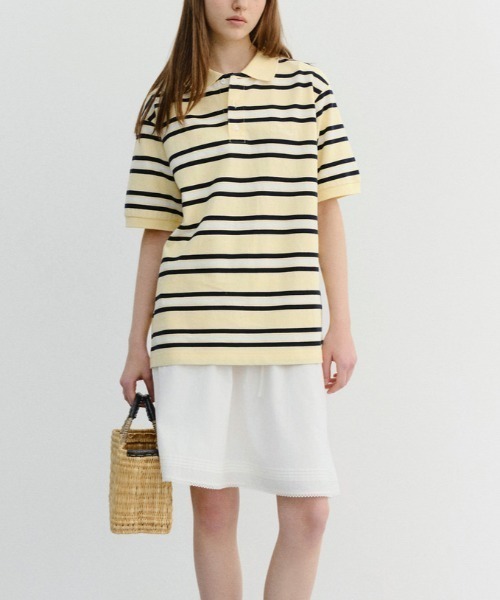 DUNST（ダンスト）の「【DUNST】UNISEX STRIPED POLO SHIRT/ ボーダー 襟付き ポロシャツ（ポロシャツ・レディース・ブラウン/ライトイエロー・S）」の7枚目の写真