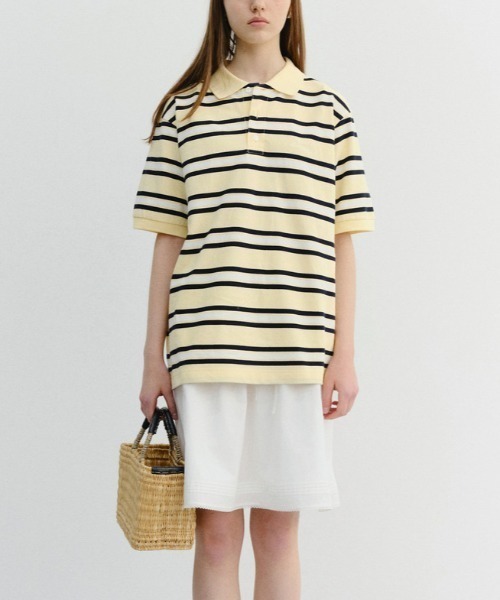 DUNST（ダンスト）の「【DUNST】UNISEX STRIPED POLO SHIRT/ ボーダー 襟付き ポロシャツ（ポロシャツ・レディース・ブラウン/ライトイエロー・S）」の8枚目の写真