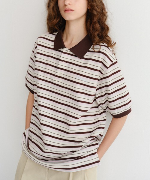 DUNST（ダンスト）の「【DUNST】UNISEX STRIPED POLO SHIRT/ ボーダー 襟付き ポロシャツ（ポロシャツ・レディース・ブラウン/ライトイエロー・S）」の9枚目の写真
