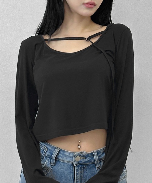 FOLLOWIN(フォロウィン)の「【FLW MADE/前後2way】ストラップ デザイントップス(Tシャツ/カットソー・レディース・ブラック・FREE)」の8枚目の写真