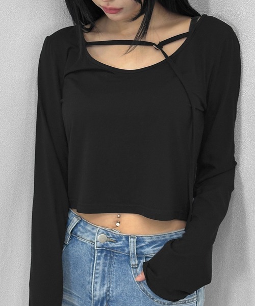 FOLLOWIN(フォロウィン)の「【FLW MADE/前後2way】ストラップ デザイントップス(Tシャツ/カットソー・レディース・ブラック・FREE)」の5枚目の写真
