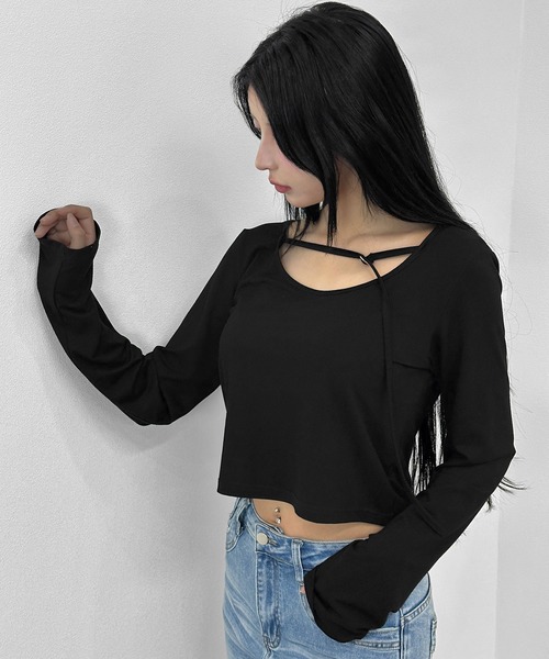FOLLOWIN(フォロウィン)の「【FLW MADE/前後2way】ストラップ デザイントップス(Tシャツ/カットソー・レディース・ブラック・FREE)」の10枚目の写真