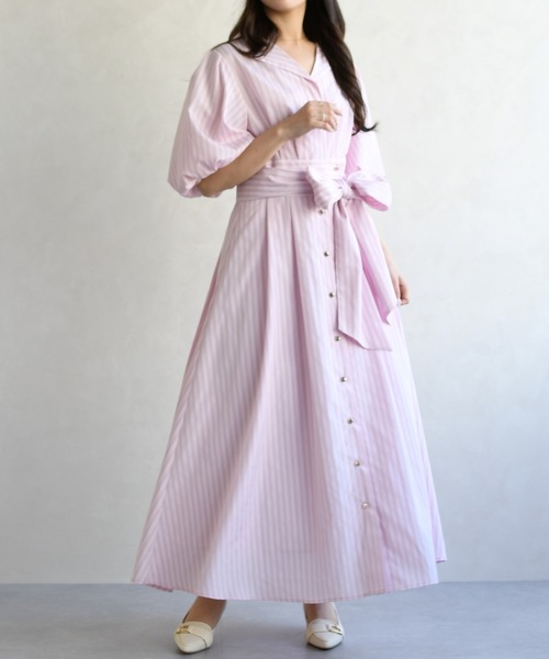 AKIKO AOKI 22AW フラワープリン 半袖ワンピース　売切り価格 セール】2026春夏新作 パフスリーブシャツワンピース（ワンピース