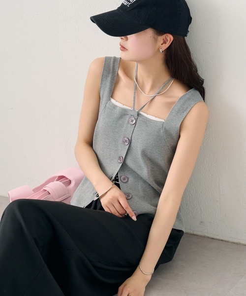 mystic（ミスティック）の「ホルターニットタンクトップ（タンクトップ・レディース・レッド/ピンク/オフホワイト/ブラック/グレー・FREE）」の4枚目の写真