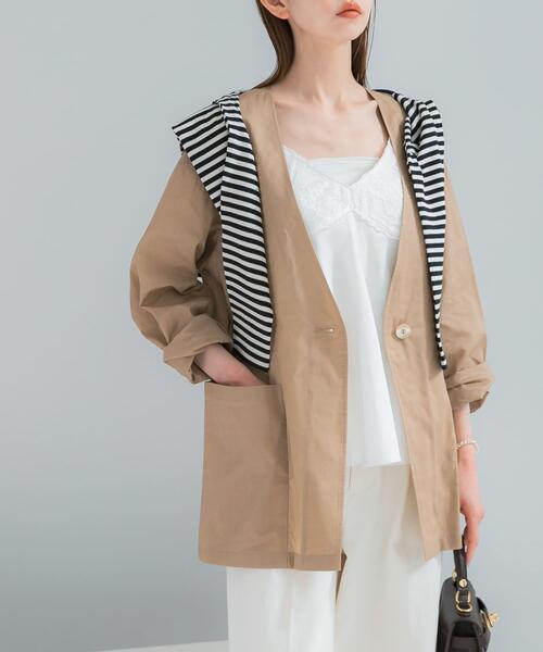 URBAN RESEARCH ROSSO WOMEN(アーバンリサーチ ロッソ)の「メモリーコットンライトジャケット(ノーカラージャケット・レディース・ベージュ/ブラック・FREE)」の1枚目の写真