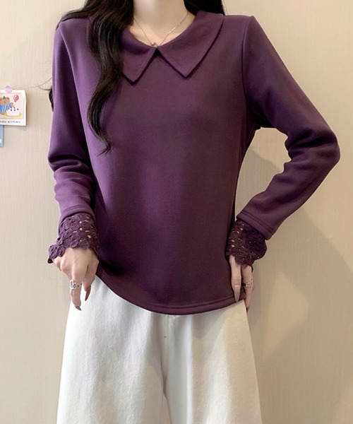 2ly2(トゥーリートゥー)の「ビッグカラー レース袖デザイン 長袖トップス / フェミニン カットソー(Tシャツ/カットソー・レディース・ボルドー/ブラック/アイボリー/パープル・FREE)」の4枚目の写真