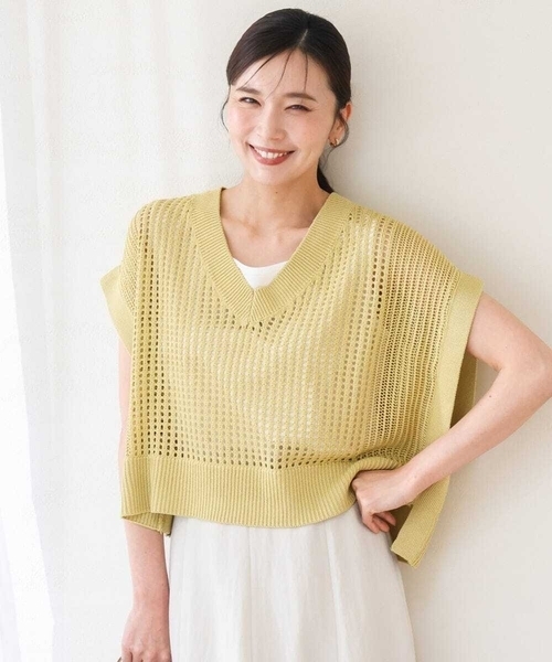 MK MICHEL KLEIN（エムケーミッシェルクラン）の「[洗える]メッシュ編みニットベスト×タンクトップ ツインセット（ニット/セーター・レディース・ブラック/イエロー/ベージュ・38）」の3枚目の写真