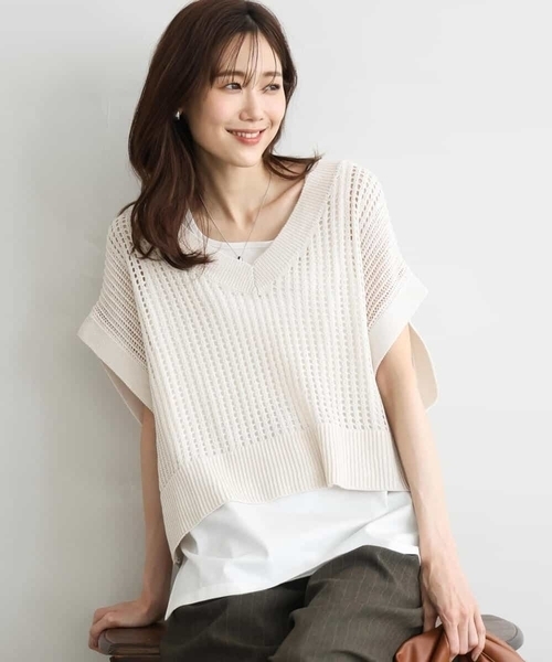 MK MICHEL KLEIN（エムケーミッシェルクラン）の「[洗える]メッシュ編みニットベスト×タンクトップ ツインセット（ニット/セーター・レディース・ブラック/イエロー/ベージュ・38）」の8枚目の写真