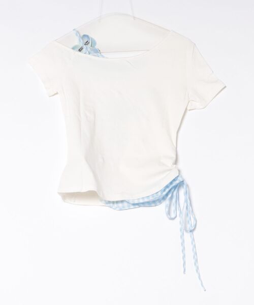 HOOK(フック)の「HOOK for girls 花ヘアクリップ付きイルカ× ギンガム切替ワンショルダー半袖トップス (SS)(Tシャツ/カットソー・レディース・ホワイト・FREE)」の6枚目の写真