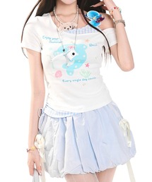 HOOK for girls 花ヘアクリップ付きイルカ× ギンガム切替ワンショルダー半袖トップス (SS)