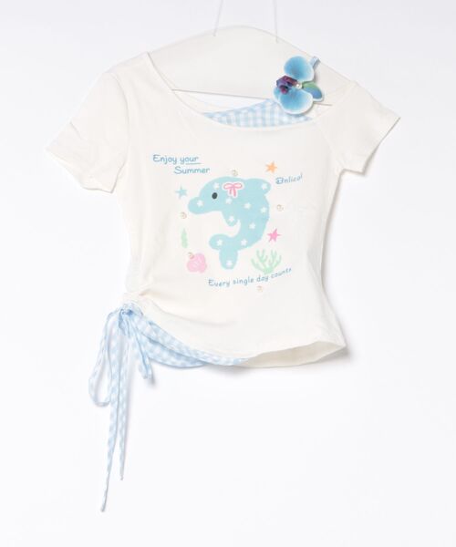 HOOK(フック)の「HOOK for girls 花ヘアクリップ付きイルカ× ギンガム切替ワンショルダー半袖トップス (SS)(Tシャツ/カットソー・レディース・ホワイト・FREE)」の7枚目の写真