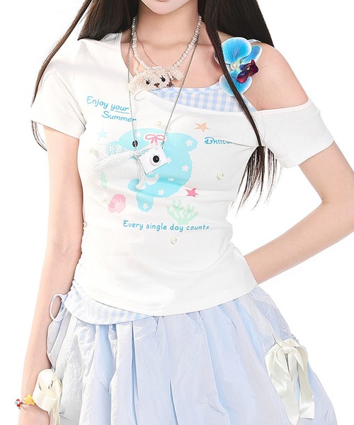 HOOK(フック)の「HOOK for girls 花ヘアクリップ付きイルカ× ギンガム切替ワンショルダー半袖トップス (SS)(Tシャツ/カットソー・レディース・ホワイト・FREE)」の12枚目の写真