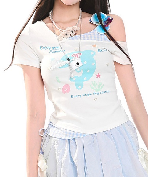HOOK(フック)の「HOOK for girls 花ヘアクリップ付きイルカ× ギンガム切替ワンショルダー半袖トップス (SS)(Tシャツ/カットソー・レディース・ホワイト・FREE)」の13枚目の写真