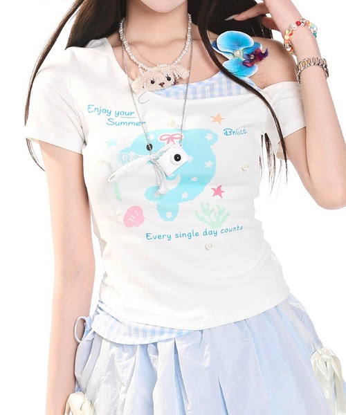 HOOK(フック)の「HOOK for girls 花ヘアクリップ付きイルカ× ギンガム切替ワンショルダー半袖トップス (SS)(Tシャツ/カットソー・レディース・ホワイト・FREE)」の14枚目の写真