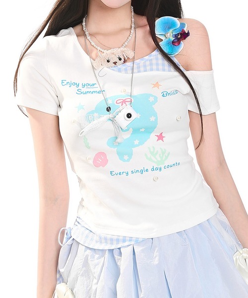 HOOK(フック)の「HOOK for girls 花ヘアクリップ付きイルカ× ギンガム切替ワンショルダー半袖トップス (SS)(Tシャツ/カットソー・レディース・ホワイト・FREE)」の15枚目の写真