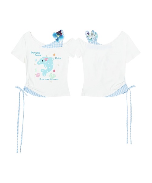 HOOK(フック)の「HOOK for girls 花ヘアクリップ付きイルカ× ギンガム切替ワンショルダー半袖トップス (SS)(Tシャツ/カットソー・レディース・ホワイト・FREE)」の8枚目の写真