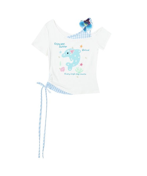 HOOK(フック)の「HOOK for girls 花ヘアクリップ付きイルカ× ギンガム切替ワンショルダー半袖トップス (SS)(Tシャツ/カットソー・レディース・ホワイト・FREE)」の4枚目の写真