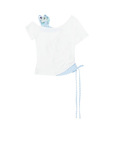 HOOK(フック)の「HOOK for girls 花ヘアクリップ付きイルカ× ギンガム切替ワンショルダー半袖トップス (SS)(Tシャツ/カットソー・レディース・ホワイト・FREE)」の5枚目の写真