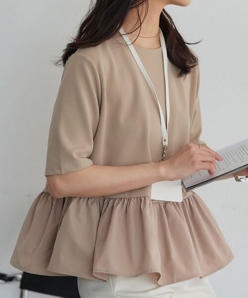 オフィスカジュアル ] シワになりにくいストレッチペプラムブラウス