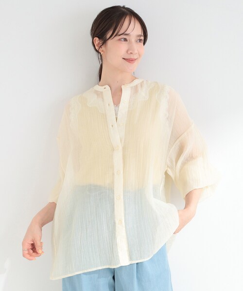 SHOO・LA・RUE(シューラルー)の「【S-LL】大人のシアー感 風合い楽しむバンドカラーシャツ(シャツ/ブラウス・レディース・ピンク/ダークブラウン/ライトイエロー系・04/03/02/01)」の7枚目の写真