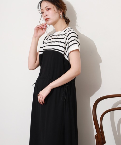 FUNALIVE(ファンアライブ)の「ビスチェコンビワンピース 半袖(ワンピース・レディース・ホワイト×グリーン/ホワイト×ブラック/ベージュ×ブラック/ベージュ系7/ブラック×ホワイト・4L~5L/LL~3L/M~L)」の4枚目の写真